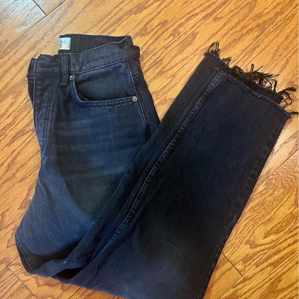 We The  Free Black Denim Jeans . CRVY Raw frayed hem cuff .